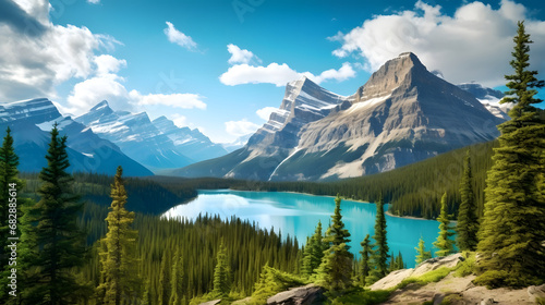 The pristine wilderness of Banff National Park in Canada, with its towering mountains and turquoise lakes. Ai Generated.NO.01