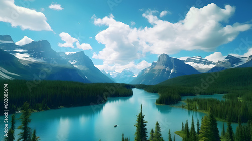 The pristine wilderness of Banff National Park in Canada, with its towering mountains and turquoise lakes. Ai Generated.NO.03