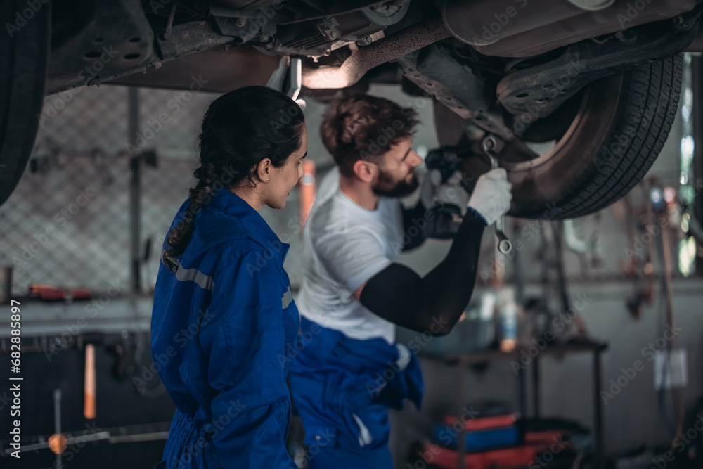 Auto mechanics diagnose suspension issues using precise tools, ensuring safe vehicle performance.