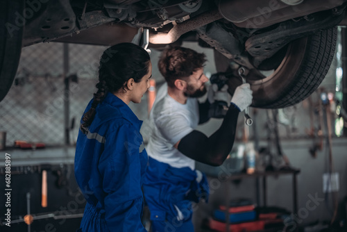 Auto mechanics diagnose suspension issues using precise tools, ensuring safe vehicle performance.