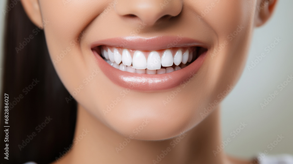 Smiling woman with white teeth, close-up of teeth on face Smiling woman with white teeth, close-up of teeth on face