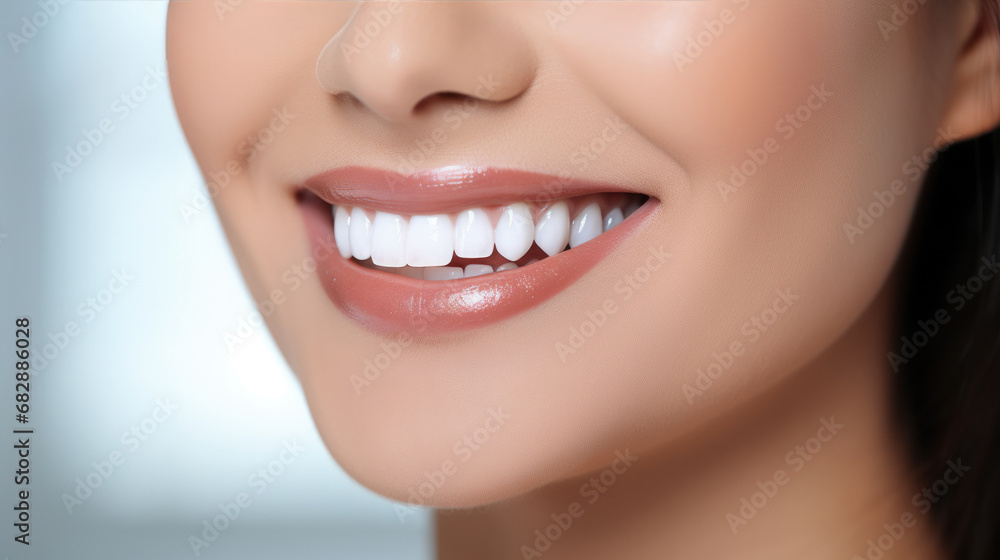 Smiling woman with white teeth, close-up of teeth on face Smiling woman with white teeth, close-up of teeth on face
