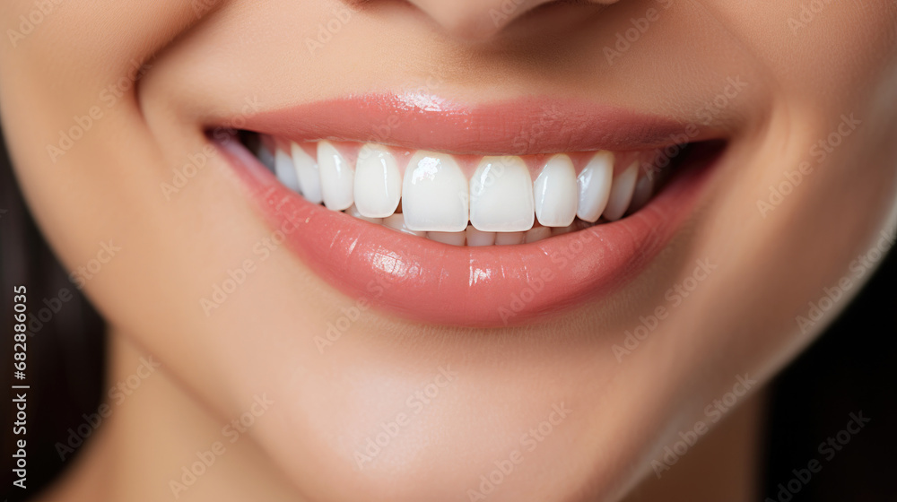Smiling woman with white teeth, close-up of teeth on face Smiling woman with white teeth, close-up of teeth on face