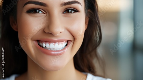 Smiling woman with white teeth, close-up of teeth on face