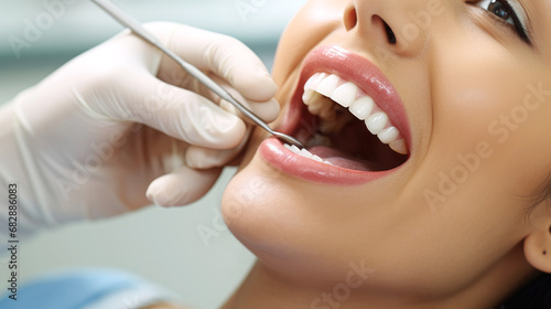 Dentist is checking the teeth of a beautiful woman photo