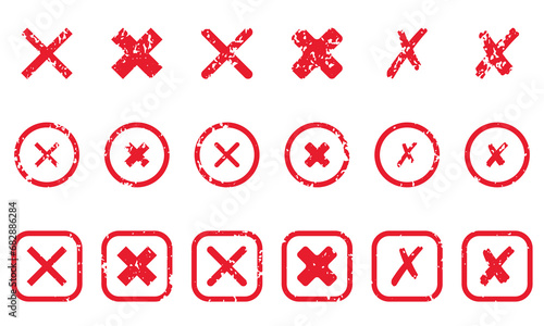 Cross Shape Silhouette Icon Set. Red Grunge Mark In Box And Circle Pictogram. Delete, Cancel, Reject, Ban Sign. Wrong Rubber Stamp. X Symbol Collection. Isolated Vector Illustration