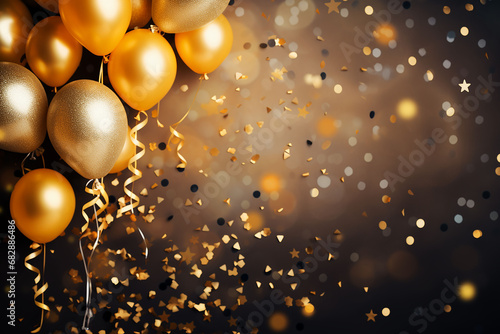 Background with gold balloons and confetti elements.