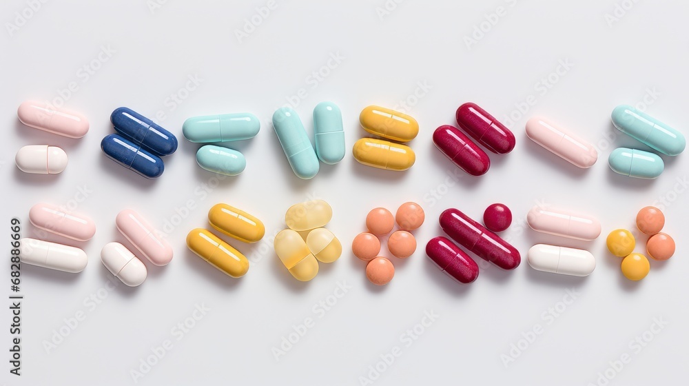 Multi-colored tablets capsules and pills on a white background.