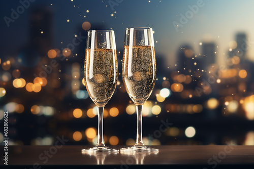 Glass of Champagne on blurred Night city Light background.