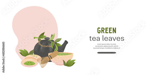 Matcha and green tea drinks advertising web banner or poster design for teahouse and store, flat vector illustration. Custom banner design for tea menu and sales.