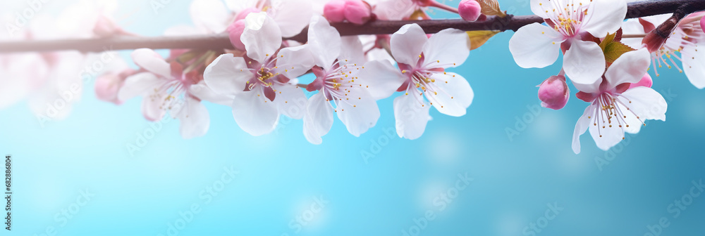 Fototapeta premium Beautiful spring border, blooming cherry blossoms on a blue background. Beautiful bokeh. Space for text