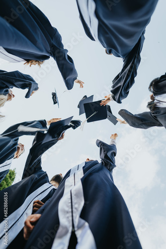 Young students throw caps, congratulating each other, cherishing beautiful memories of university after successful graduation. Low angle view.
