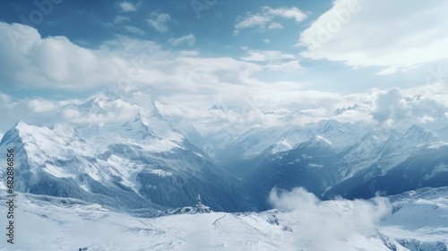 Great high mountains are covered with snow