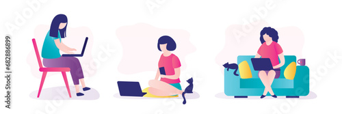 Set of young women at work. Girls using laptops, working online. Smart employee or freelancer browses internet, conversations, blogs. Freelance, online education concept.