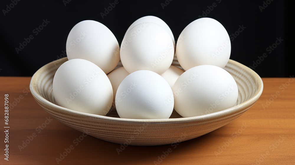 White chicken eggs on a ceramic plate on a wooden table. Side view.