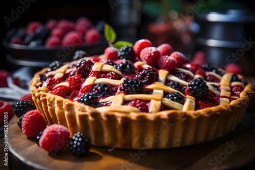 Homemade raspberry and blackberry tart with fresh berries on wooden background