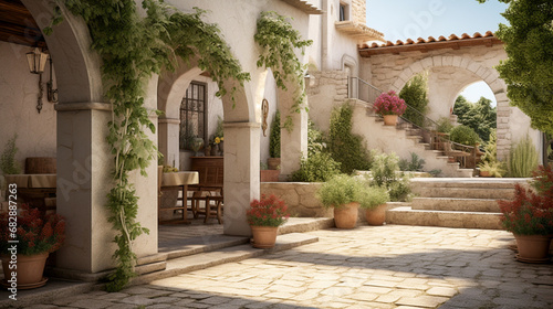 Design an image of a villa with a modern take on a traditional Mediterranean courtyard. © Kosal