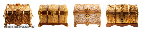 Set of Game reward rare lock treasure chests Isolated on transparent background. Chests with golden treasure, Generative AI