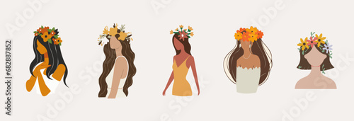 Bundle mit Gesichtslosen Frauen-Illustrationen und Blumen im Haar