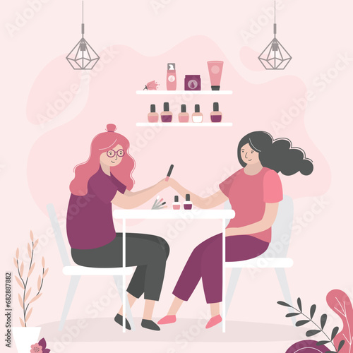 Manicure salon. Manicurist doing procedure with nail polish. Woman at manicure salon. Beauty salon interior. Nails and beauty. Nails bar. Gel laque. Gel polish.