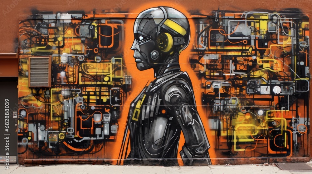 Illustration of urban street art painting on wall graffiti , robot and city - obrazy, fototapety, plakaty 