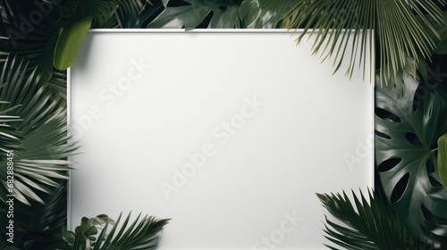 Illustration of blank mockup poster hanging against concrete wall surrounded by greenery.