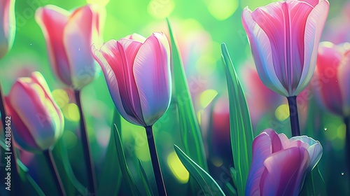 Illustration of tulip flowers blooming in a tulip field.