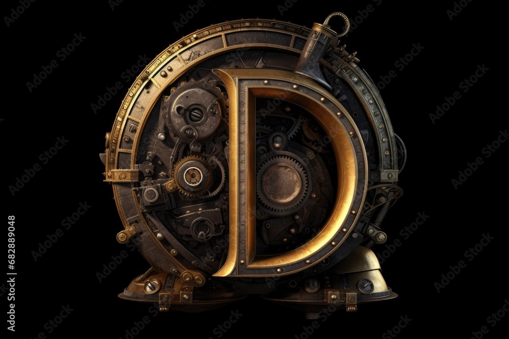 letter d, steampunk style, on black background