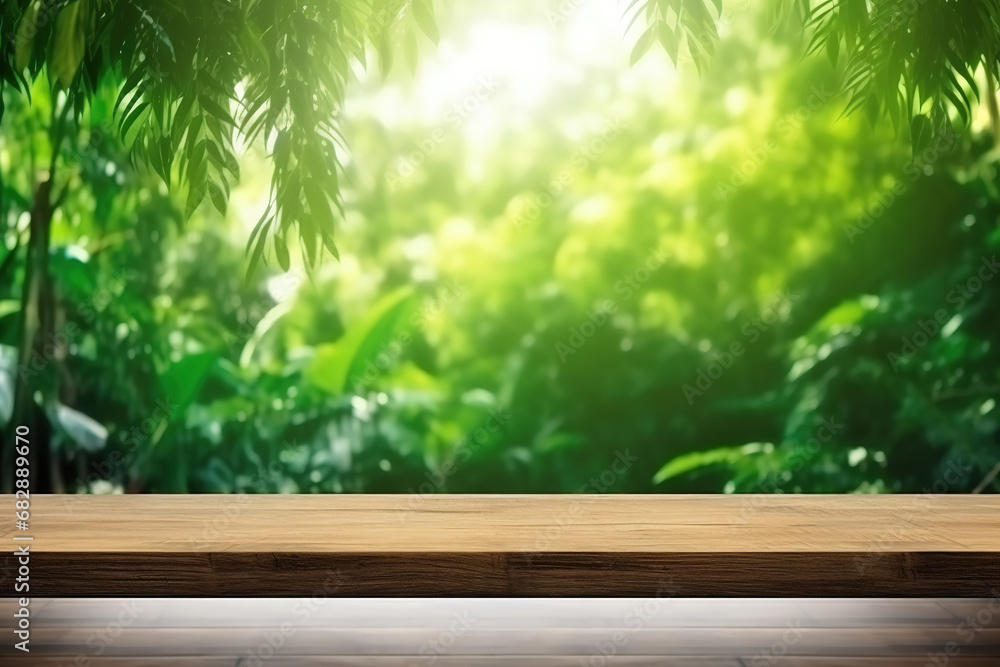wood table green wall background with sunlight window create leaf shadow on wall with blur indoor green plant foreground.panoramic banner mockup for display of product.eco friendly interior concept wood table green wall background with sunlight window create leaf shadow on wall with blur indoor green plant foreground.panoramic banner mockup for display of product.eco friendly interior concept
