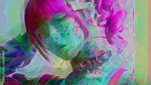Portrait of a cyberpunk girl transforming into pixel and glitch animation. Noise video art.