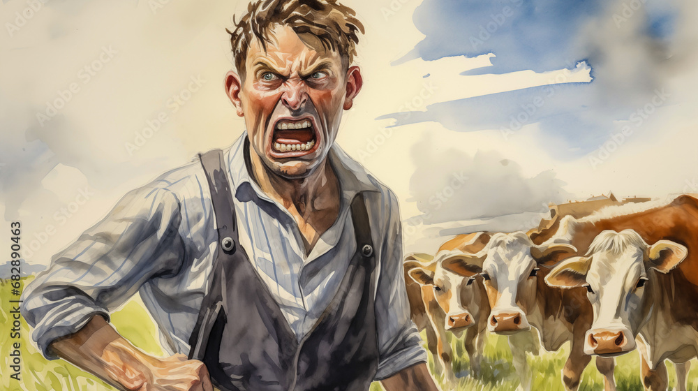 Illustration of angry dutch farmer with cows in the background - obrazy, fototapety, plakaty 