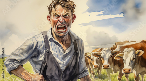 Illustration of angry dutch farmer with cows in the background photo