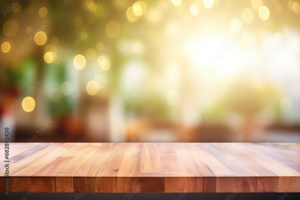 Empty Beautiful wood table top and blur bokeh modern kitchen interior background in clean and bright, Ready for product montage Empty Beautiful wood table top and blur bokeh modern kitchen interior background in clean and bright, Ready for product montage