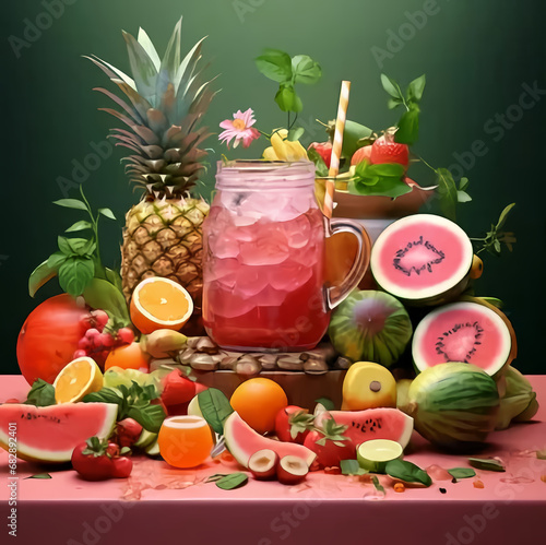 Summer tropical fresh fruit with raspberry lemonade on a pink table on a green background. AI Generation