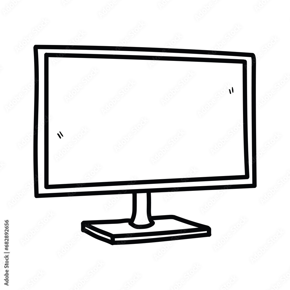 A hand-drawn cartoon doodle sketch of a TV with a blank screen on a white background.