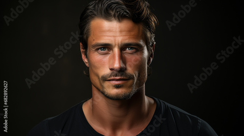 Portrait of good-looking and attractive man looking at the camera and wearing black t-shirt. Handsome Caucasian guy with light blue eyes on black background with copy space. Attractive male model 