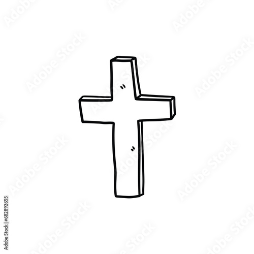 A hand-drawn cartoon doodle sketch of a Christian cross on a white background.
