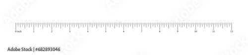 Ruler 12 inches, foot. Math, geometric tool for distance. Height, length measurement scale with markup and numbers. Measuring horizontal chart. Vector template.