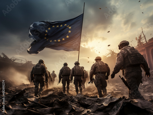 Flag of the European Union with soldiers, symbolic image for a joint and combat-ready army in the European Union, Ai generated