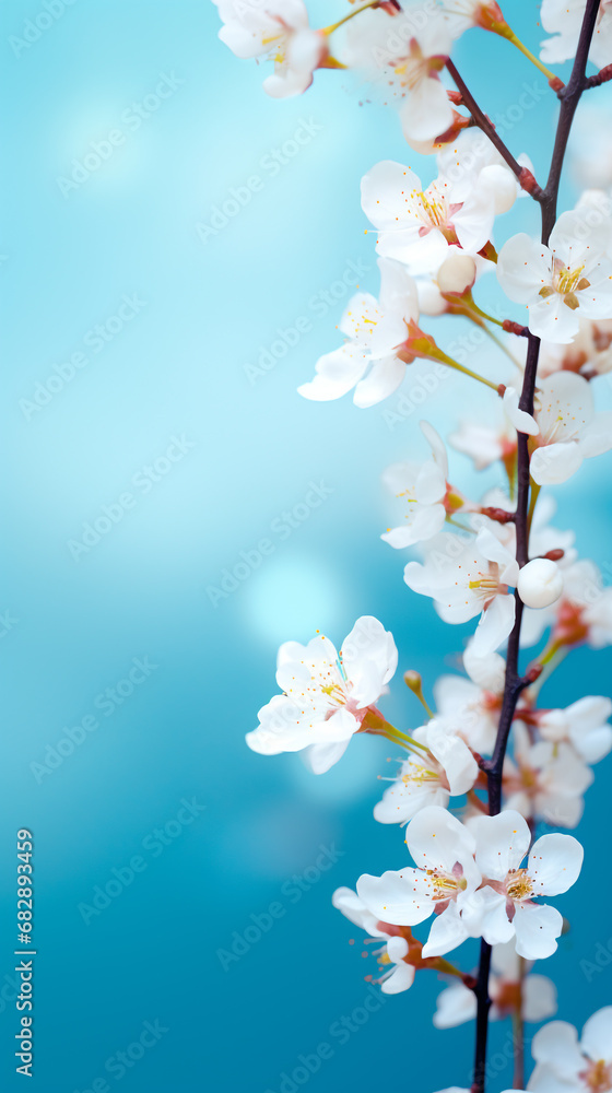 Beautiful spring border for Instagram story, blooming cherry blossoms on a blue background. Beautiful bokeh. Space for text