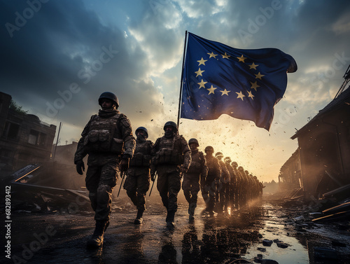 Flag of the European Union with soldiers, symbolic image for a joint and combat-ready army in the European Union, Ai generated