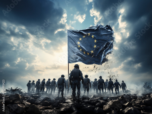 Flag of the European Union with soldiers, symbolic image for a joint and combat-ready army in the European Union, Ai generated