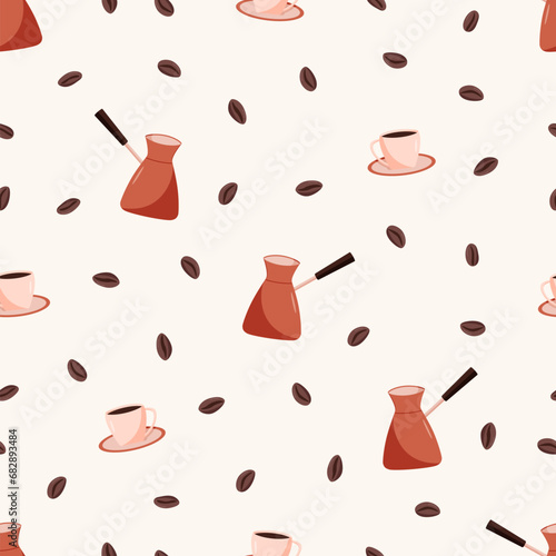 Seamless coffee concept pattern. Vector illustration background of coffee beans, turk cup.