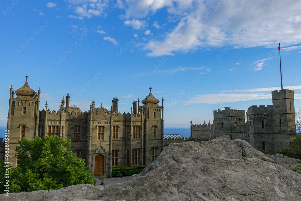 Vorontsov Palace in Crimea in summer. Ancient walls with many columns