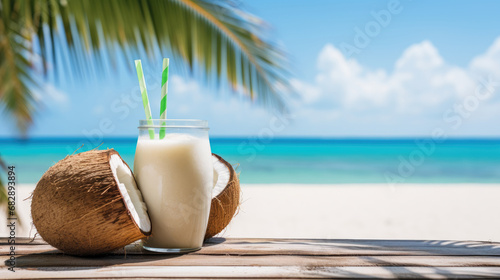 Coconut milk in a glass on a tropical beach background