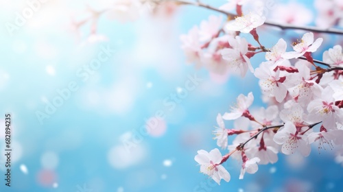 Beautiful spring border, blooming cherry blossoms on a blue background. Beautiful bokeh. Space for text