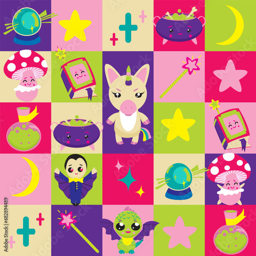 Nursery seamless background. Squares and magic characters, unicorn, mushroom, dragon. Magical vector pattern.
