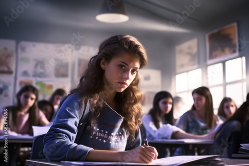 Young girl at school in a lesson class. Girl at the desk in a classroom. Education. AI. ​