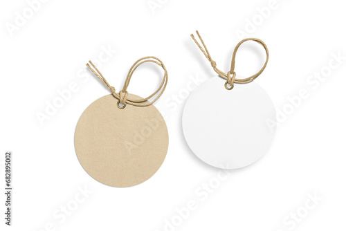 Set of two blank paper hang tags, price tags or cloth labels with string isolated on a transparent background, PNG. High resolution.