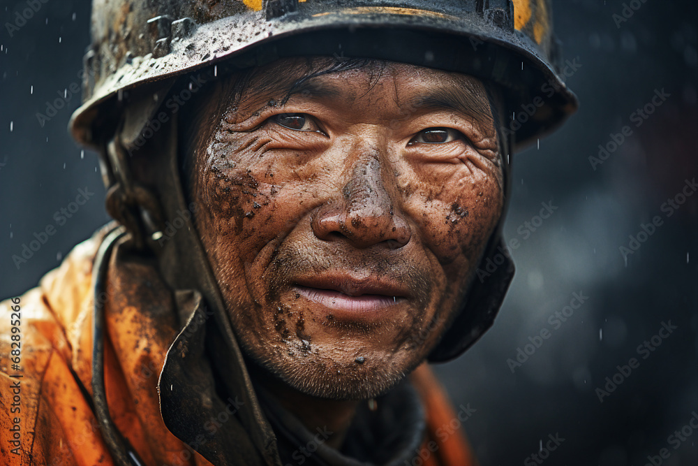 Generative ai technology portrait of mine worker wearing hardhat helmet standing in a mine Generative ai technology portrait of mine worker wearing hardhat helmet standing in a mine